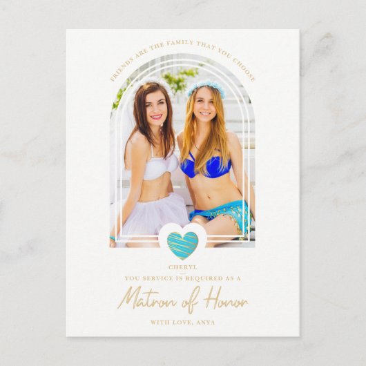 Fancy Matron of Honor Blue Heart Photo Proposal Briefkaart (Voorkant)