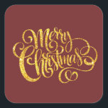 Fancy Merry Christmas Vierkante Sticker<br><div class="desc">Fancy Gold Merry Christmas typography on brick red background adds a festival touch</div>