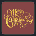 Fancy Merry Christmas Vierkante Sticker<br><div class="desc">Fancy Gold Merry Christmas typography on brick red background adds a festival touch</div>