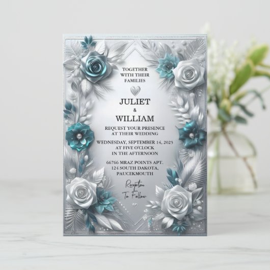 Fancy metaalglam glanzend high-end zilveren bruilo kaart (Staand voorkant)