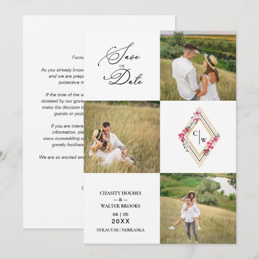 Fancy Modern Collage 3 Photos Wedding Couple Save The Date (Voorkant / Achterkant)