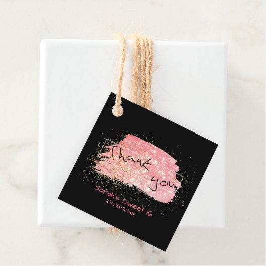 Fancy modern roze zwart en goudglitter bedankt bedankjes labels (In situ)