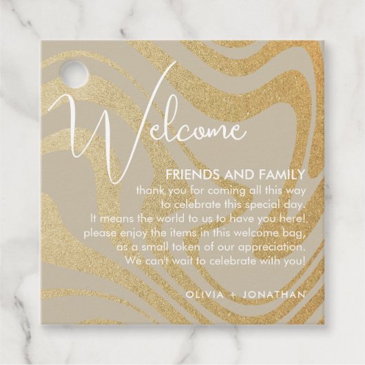 Fancy moderne gouden bruiloft welkomstgeschenkmand bedankjes labels (Voorkant)