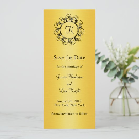 Fancy Monogram Bewaar de Datum (goud) Save The Date (Staand voorkant)