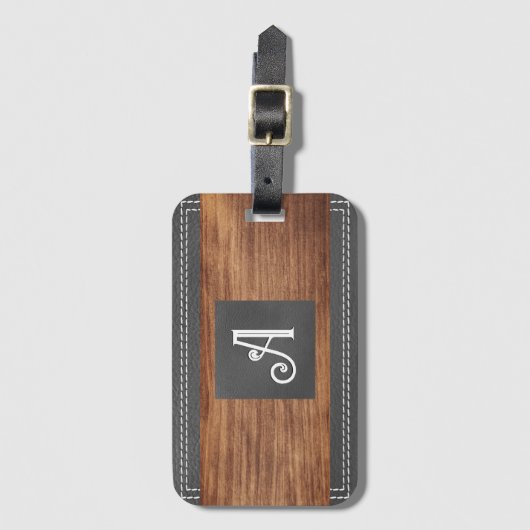 Fancy monogram | Dubbel gelaagd leder | Hout B Bagagelabel (Voorkant (verticaal))