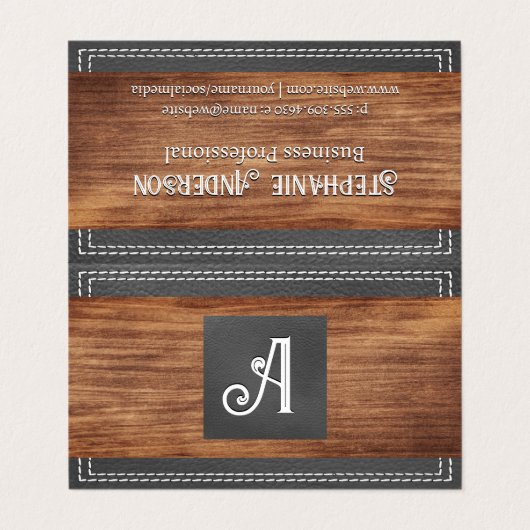 Fancy monogram | Dubbel gelaagd leder | Hout B Visitekaartje (Buitenkant ongevouwen)