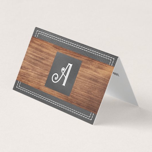 Fancy monogram | Dubbel gelaagd leder | Hout B Visitekaartje (Voorkant)