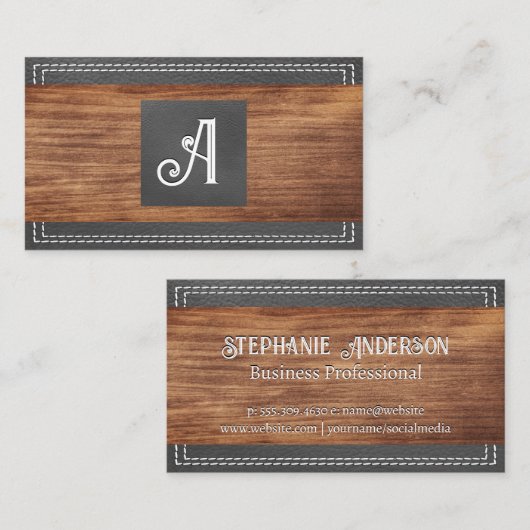 Fancy monogram | Dubbel gelaagd leder | Hout Visitekaartje (Voorkant / Achterkant)