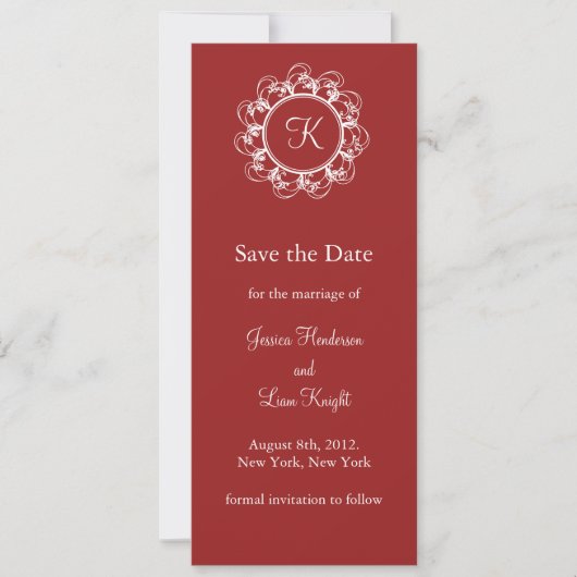 Fancy Monogram Opslaan Datum (rood) Save The Date (Voorkant)