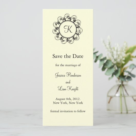 Fancy Monogram sparen de Datum (off+white) Save The Date (Staand voorkant)