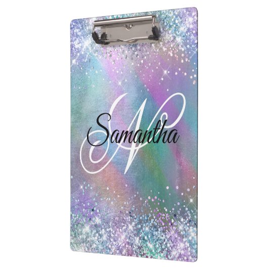 Fancy monogram voor gloeiende iriserende regenboog klembord (Links)