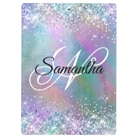 Fancy monogram voor gloeiende iriserende regenboog klembord (Achterkant)