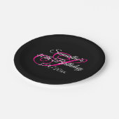 Fancy monogram zwart wit en warm roze papieren bordje (Gekanteld)