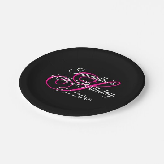 Fancy monogram zwart wit en warm roze papieren bordje (Gekanteld)