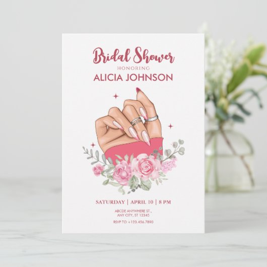 Fancy nail art bloemenbruids doucheuitnodiging kaart (Staand voorkant)