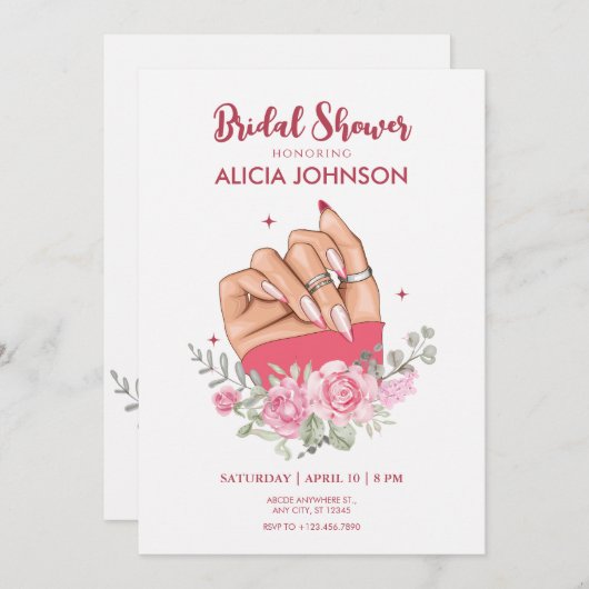 Fancy nail art bloemenbruids doucheuitnodiging kaart (Voorkant / Achterkant)