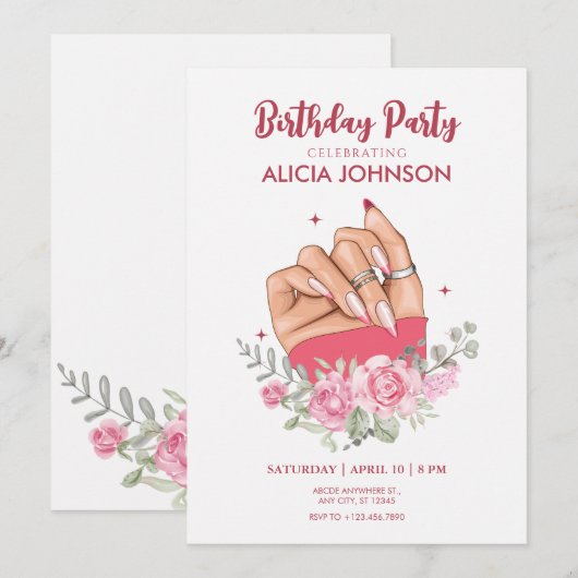 Fancy nail art bloemenfeest Verjaardagsfeestuitnod Kaart (Voorkant / Achterkant)