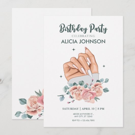 Fancy nail art Verjaardagsuitnodiging Kaart (Voorkant / Achterkant)