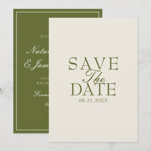 Fancy Olijfgroen Crème Oud Geld Retro Bruiloft Save The Date (Voorkant / Achterkant)