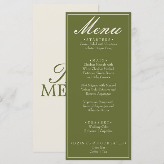 Fancy Olijfgroen Oud Geld Retro Bruiloft Menu (Voorkant / Achterkant)