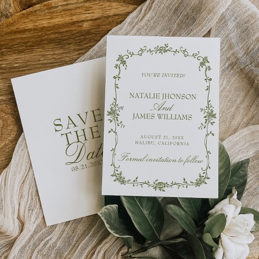 Fancy Olijfgroen Witte Bloemige Oude Geld Huwelijk Save The Date