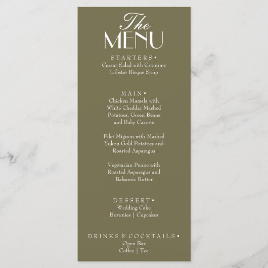 Fancy Olive Green Boho Old Money Boho Wedding Menu (Voorkant)