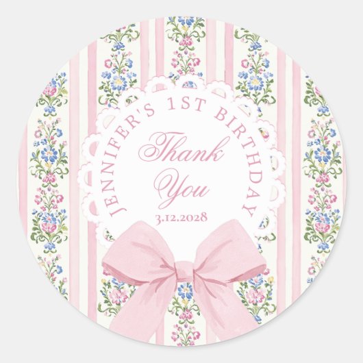 Fancy One Blush pink Bow birthday Thank you Ronde Sticker (Voorkant)