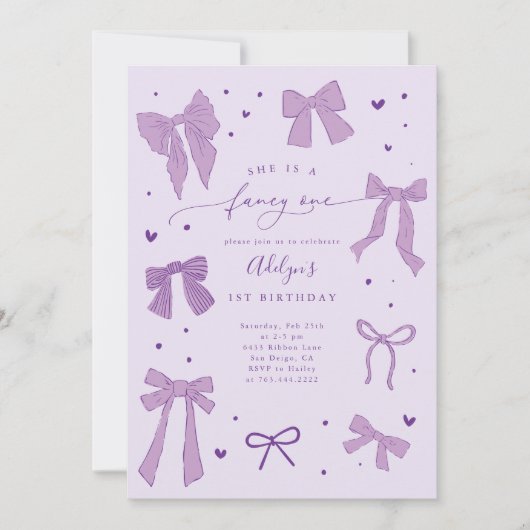 Fancy ONE Coquette Bow Paarse verjaardagsfeestje Kaart (Voorkant)