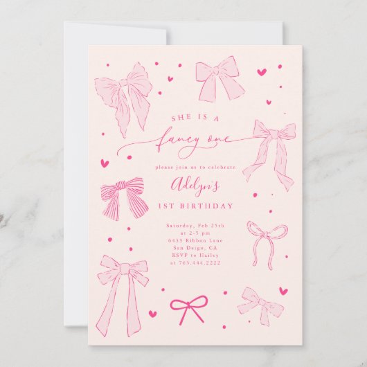 Fancy ONE Coquette Bow Roze Verjaardagsfeest Kaart (Voorkant)