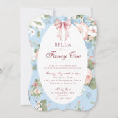 Fancy One Pink Blue Bow Bloemen 1e Verjaardag Kaart (Voorkant)