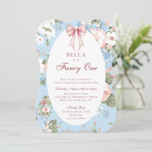 Fancy One Pink Blue Bow Bloemen 1e Verjaardag Kaart (Staand voorkant)