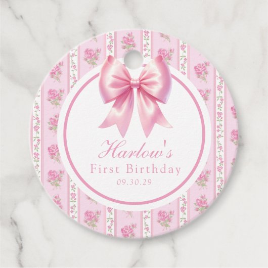 Fancy One Pink Coquette Bow Eerste Verjaardag Bedankjes Labels (Voorkant)