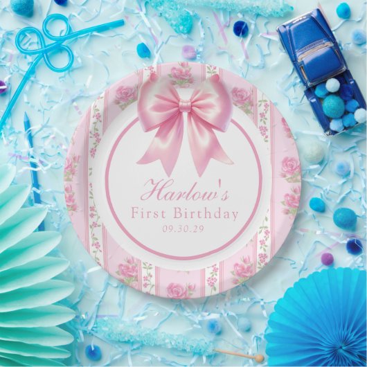 Fancy One Pink Coquette Bow Eerste Verjaardag Papieren Bordje (Feest)