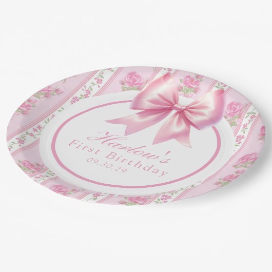 Fancy One Pink Coquette Bow Eerste Verjaardag Papieren Bordje (Gekanteld)