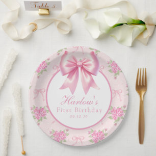 Fancy One Pink Coquette Bow Eerste Verjaardag Papieren Bordje