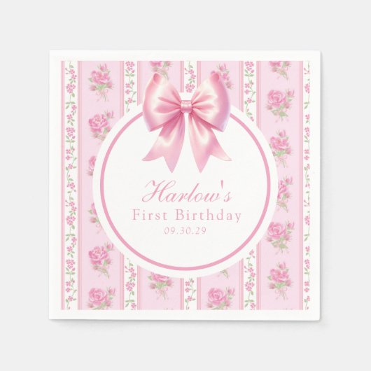 Fancy One Pink Coquette Bow Eerste Verjaardag Servet (Voorkant)