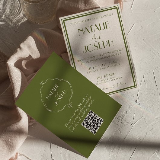 Fancy Oude Geld Olijfgroene Luxe QR Code Huwelijk Kaart