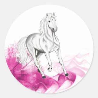 fancy paardenmotief, grijze hengst & roze golven ronde sticker