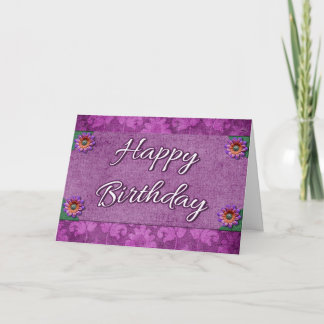 Fancy Paars Damask Happy Birthday Card Flowers Kaart