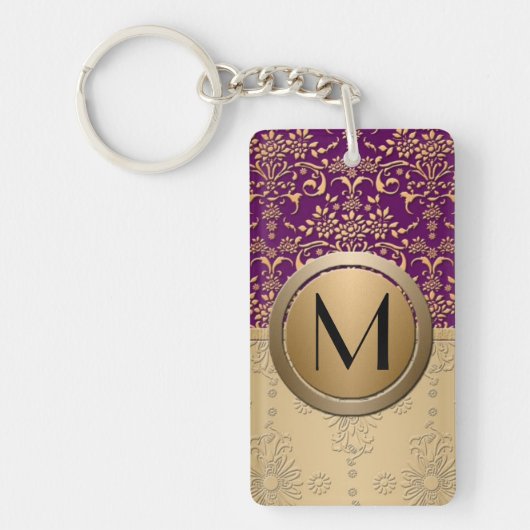Fancy Paars en Goud Monogram Damast Patroon Sleutelhanger (Voorkant)