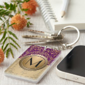 Fancy Paars en Goud Monogram Damast Patroon Sleutelhanger (Voorkant Rechts)