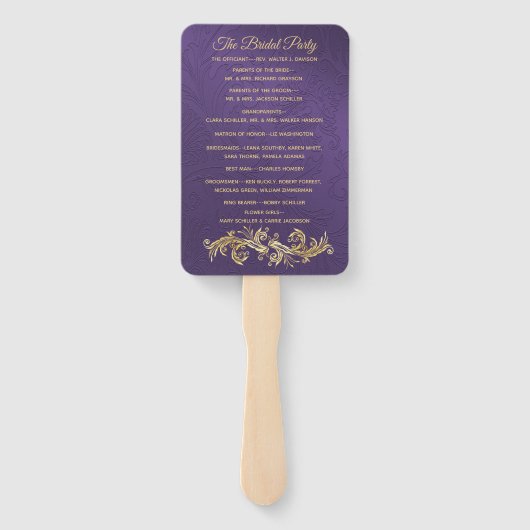 Fancy Paarse Damask Trouwprogramma Fan Handwaaier (Achterkant)