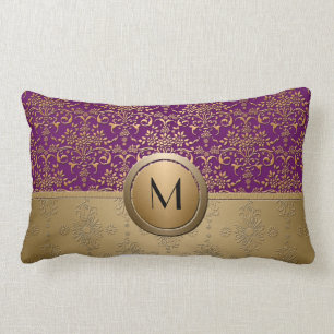 Fancy Paarse en gouden monogram Damask Pattern Kussen