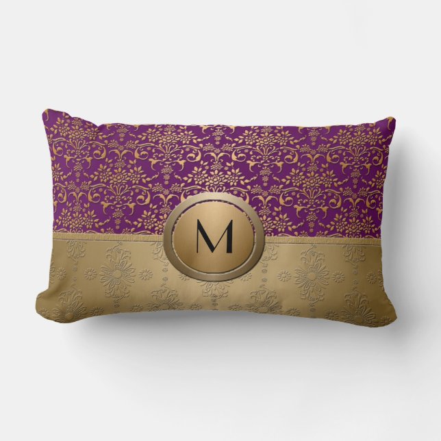 Fancy Paarse en gouden monogram Damask Pattern Kussen (Voorkant)