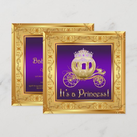 Fancy Paarse Gold Princess Baby Shower Uitnodiging (Voorkant / Achterkant)