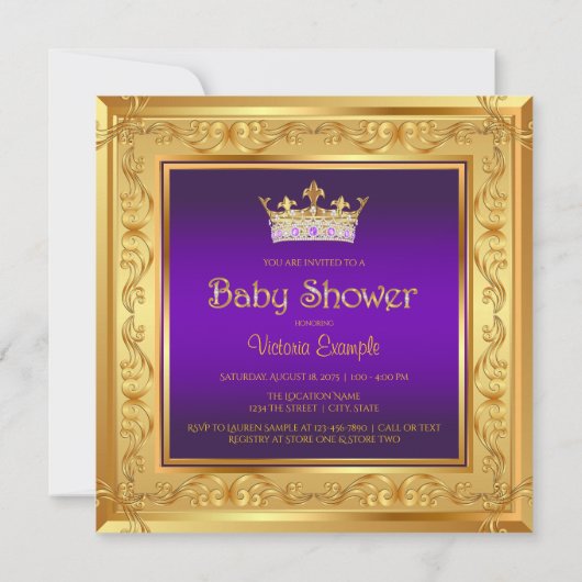 Fancy Paarse Gold Princess Baby Shower Uitnodiging (Achterkant)