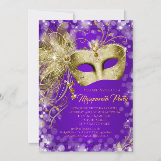 Fancy Paarse Gouden Glitter Masquerade Party Kaart (Voorkant)
