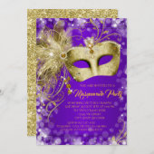 Fancy Paarse Gouden Glitter Masquerade Party Kaart (Voorkant / Achterkant)