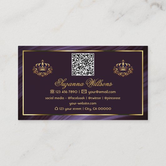 Fancy Paarse gouden kroon met Logo QR-code Visitekaartje (Achterkant)