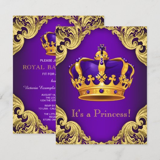 Fancy Paarse gouden prinses Baby shower Kaart (Voorkant / Achterkant)